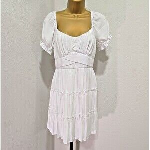 Vtg Y2K Dress M White Milkmaid Tiered Puff Sleeve Babydoll Grad Bridal Sorority